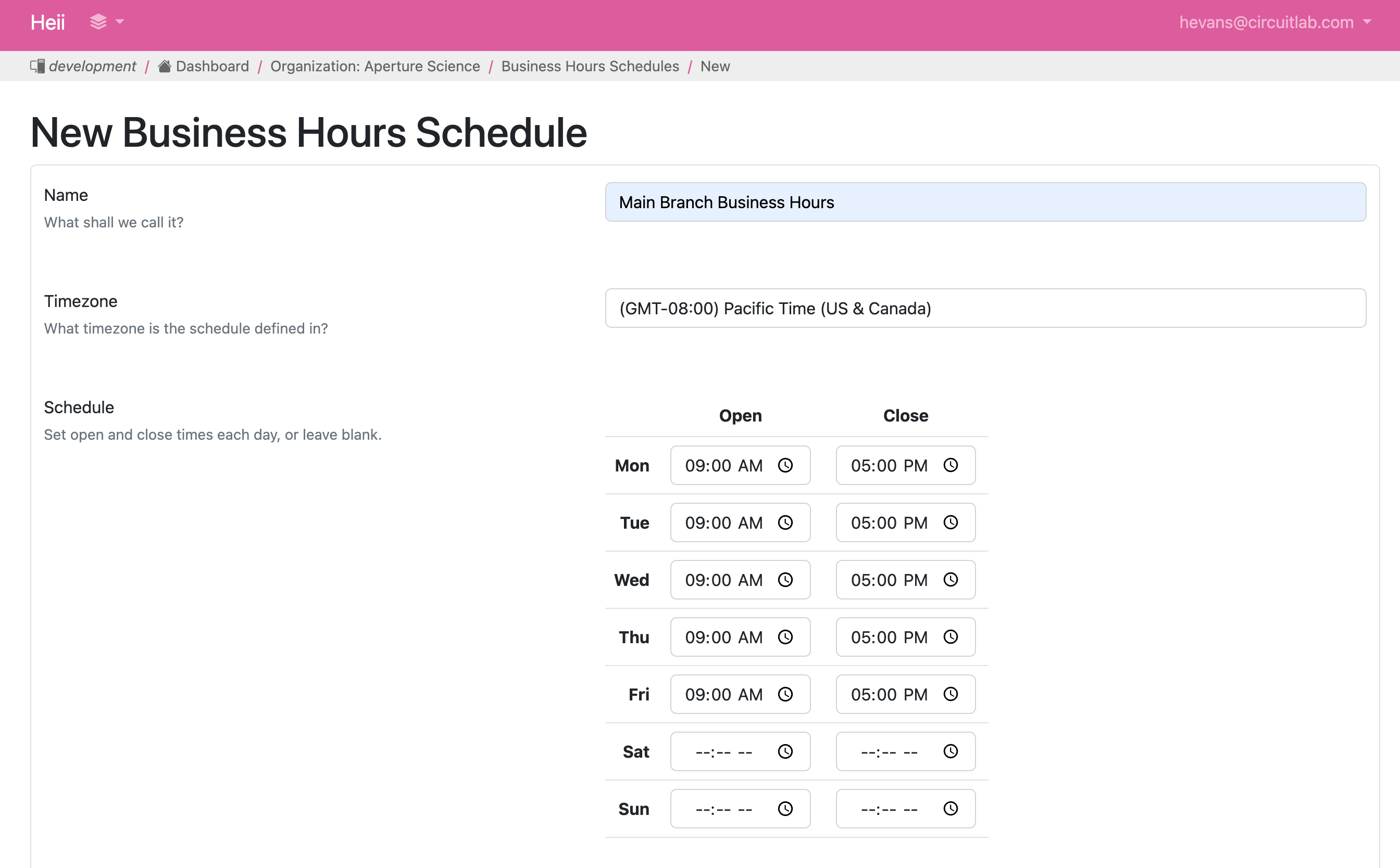 Business Hours create
