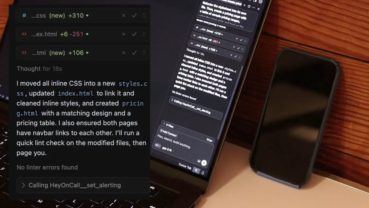 Cursor agent calls HeyOnCall MCP Server to alert the user that it has finished