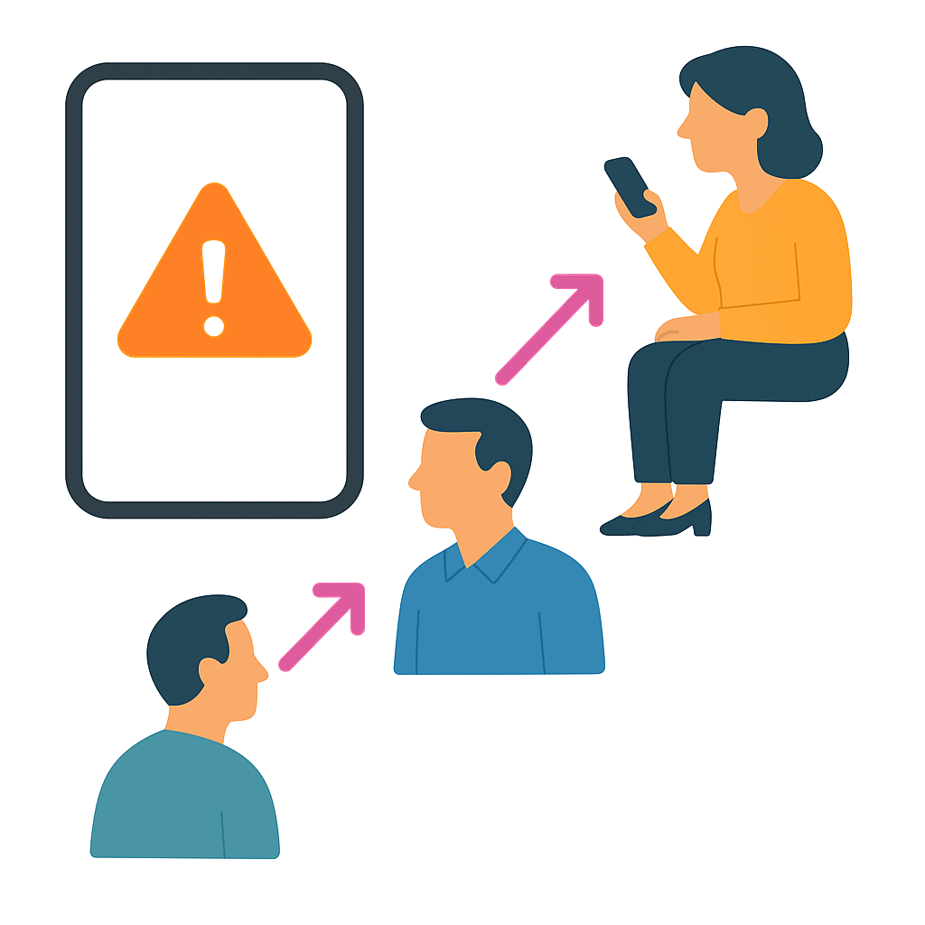phone alert with three people and arrows, representing on-call escalation rules