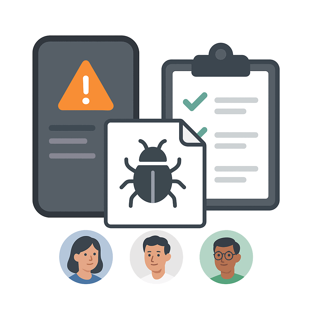 incident management: phone with clipboard, bug, and people