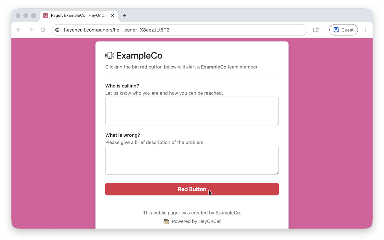 HeyOnCall hosted public pager for your VIP users to page your on-call team