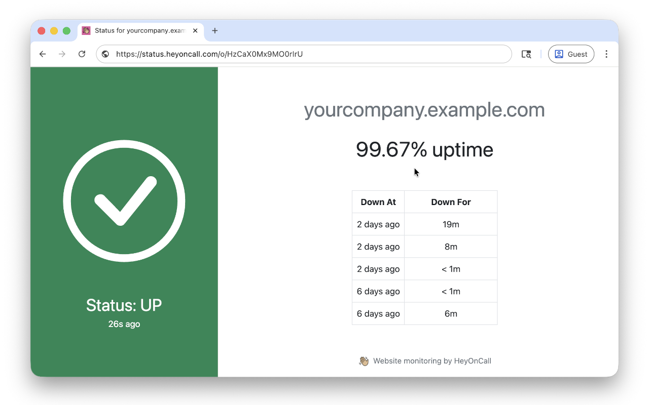 HeyOnCall hosted public status page for your website