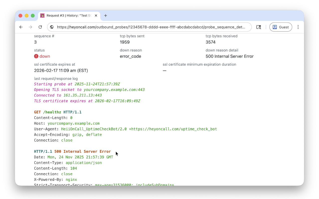 Request history in the HeyOnCall dashboard