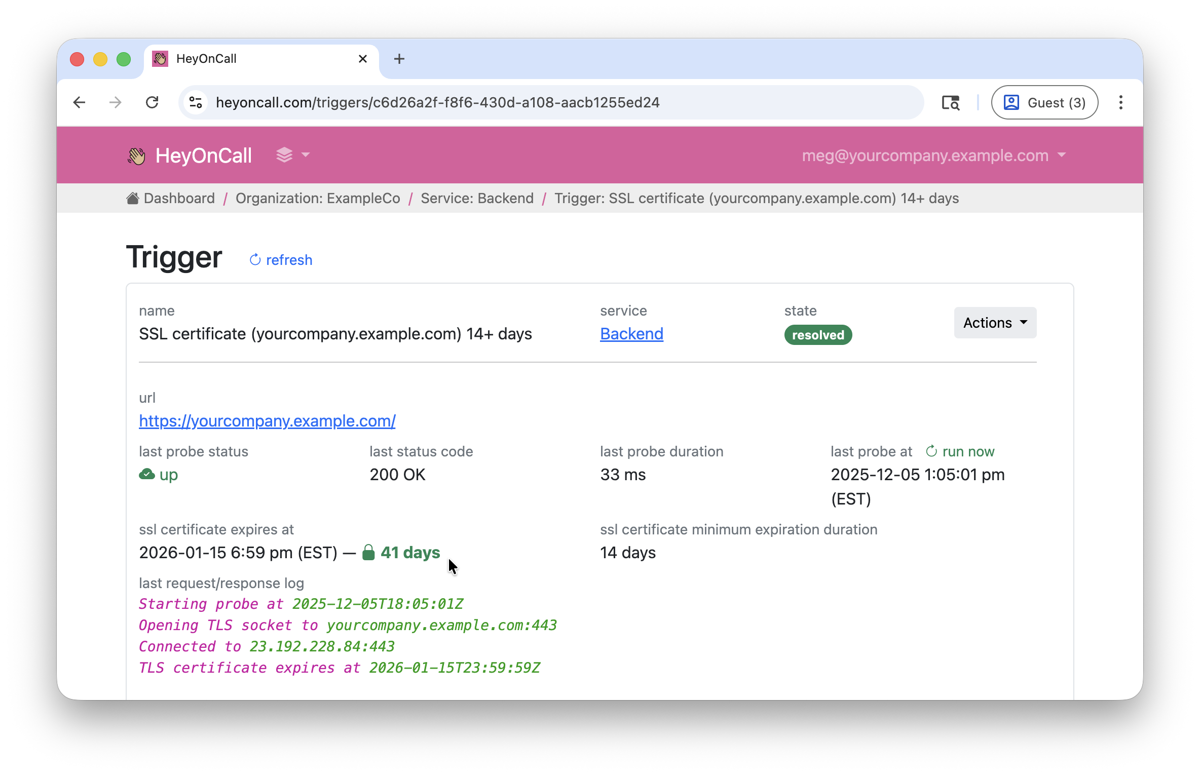 SSL certificate monitoring example in the HeyOnCall dashboard