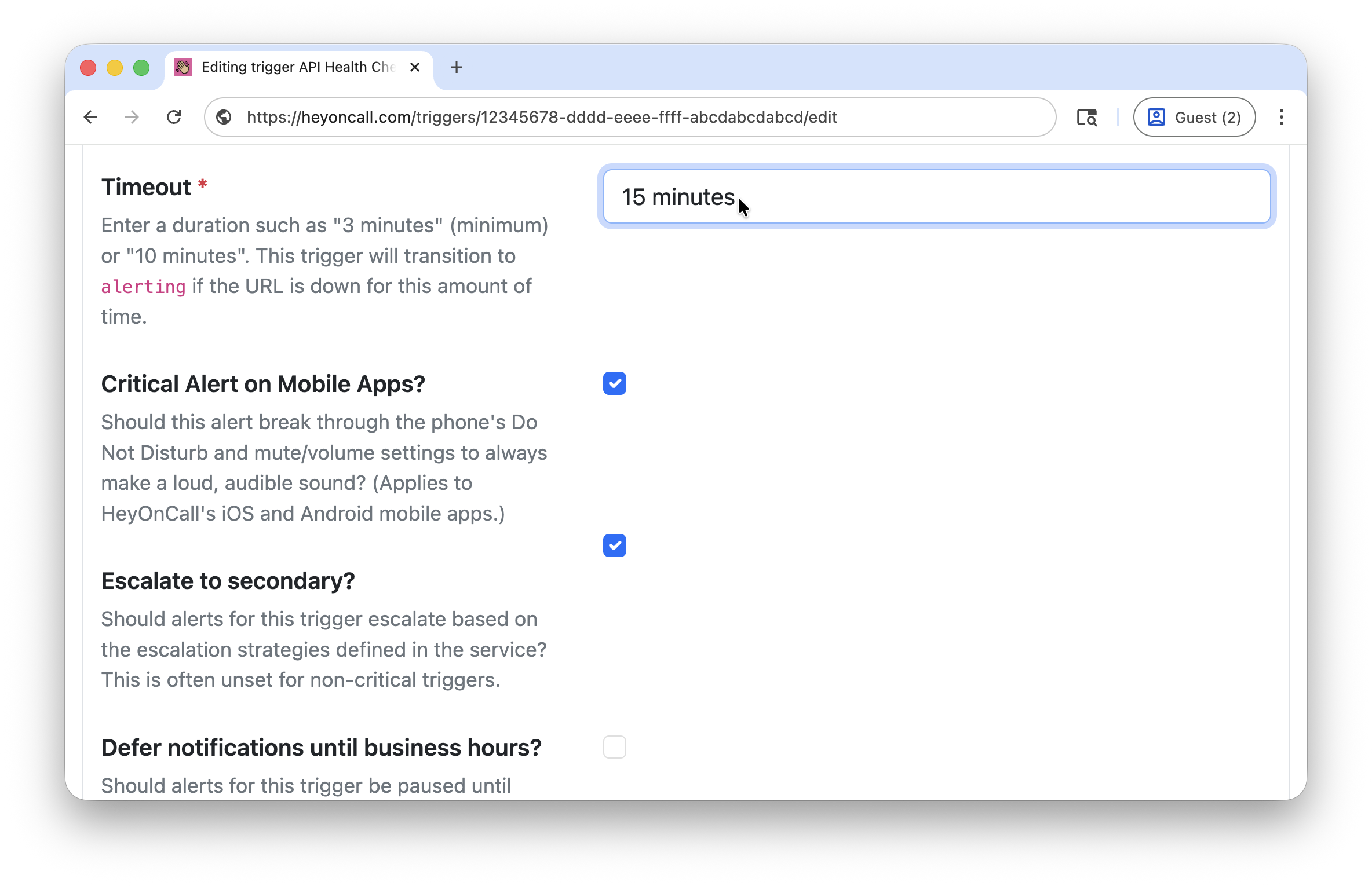Timeout and Alerting settings in HeyOnCall dashboard