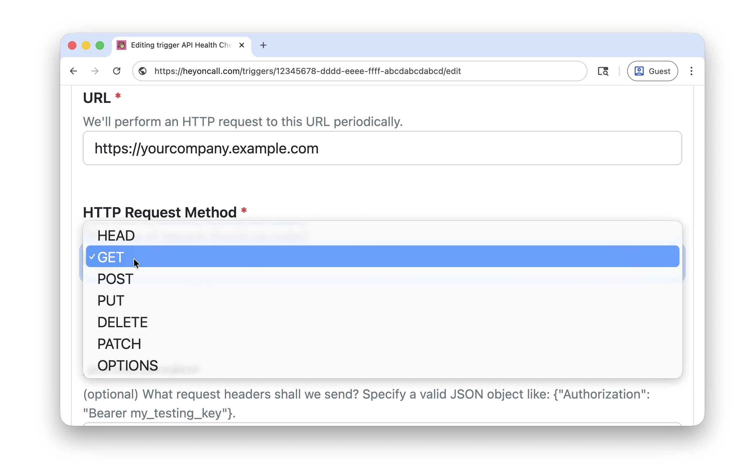 HeyOnCall URL and request method edit form screenshot in Chrome