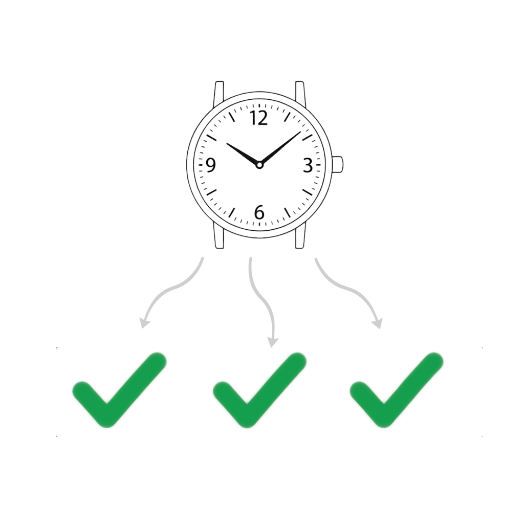 watch face and green check marks, symbolizing scheduled cron jobs monitored successfully